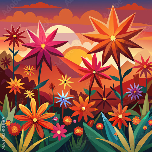 Wallpaper Mural Vibrant flower garden at sunset with a mountain backdrop and cloudy sky Torontodigital.ca