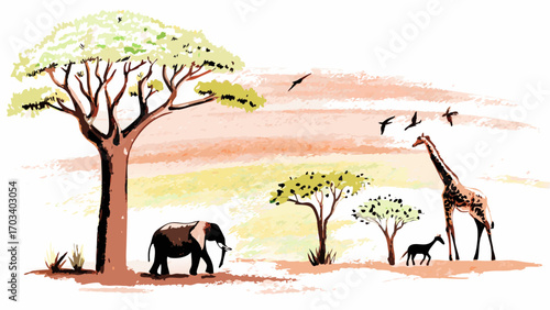 Watercolor painting of an african savanna landscape with animals and trees