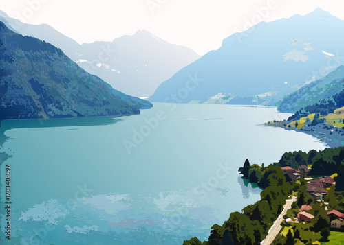 Serene mountain lake with village and lush green hillsides