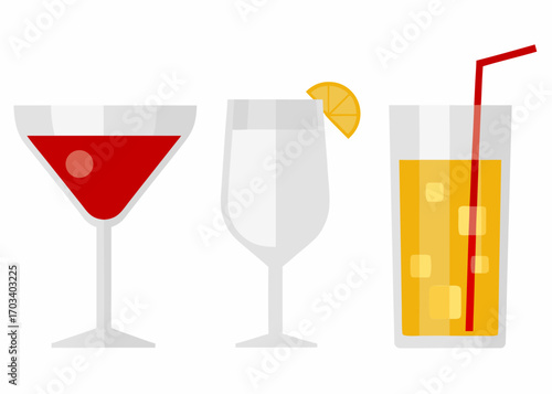 Three different drinks in glasses with a white background