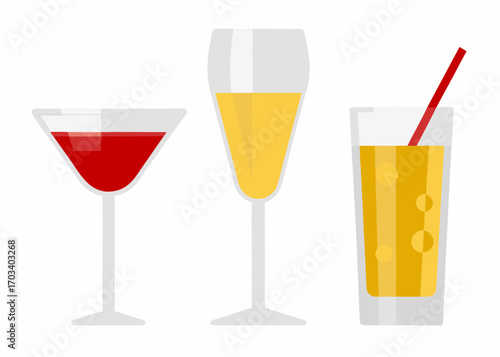 Three different glasses of colorful drinks on white background