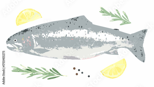 Fresh salmon with lemon rosemary and peppercorns isolated on white background