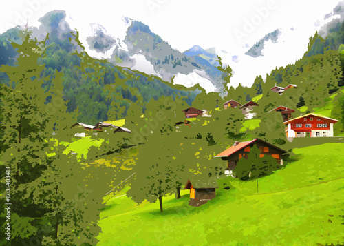 Alpine village nestled among green hills and majestic mountains