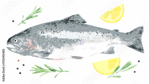 Watercolor illustration of a fresh trout with lemon slices and rosemary sprigs