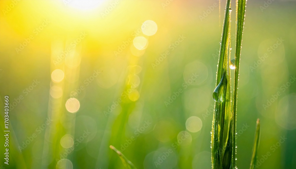 Obraz premium Morning Dew on Grass Blades A Close-Up View of Nature's Serenity at Sunrise