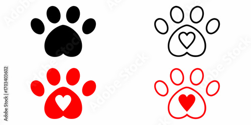 Set of four paw print icons with hearts in black and red