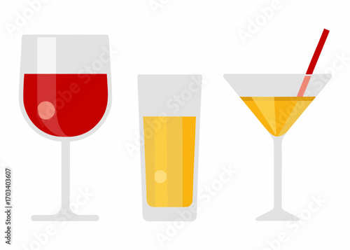 Three different drinks in glasses on white background