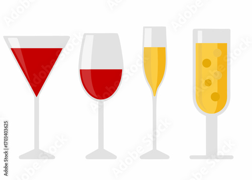 Collection of four different glasses filled with red wine and champagne