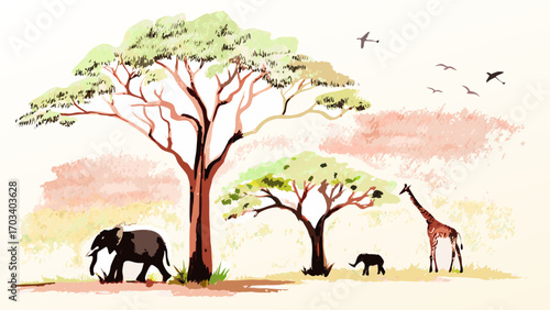 Watercolor african savannah scene with elephants and giraffe