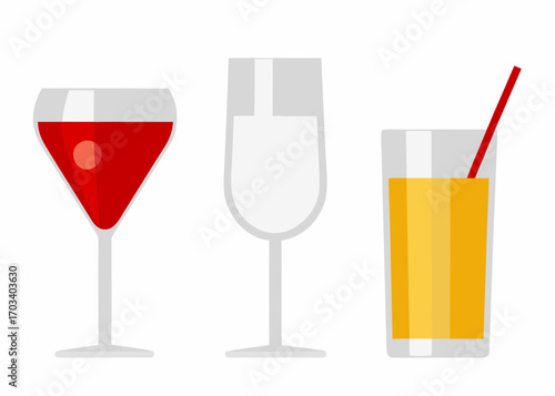 Three glasses with different drinks and a straw