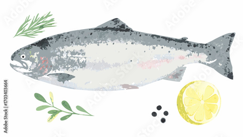 Fresh whole trout with lemon rosemary and peppercorns watercolor illustration