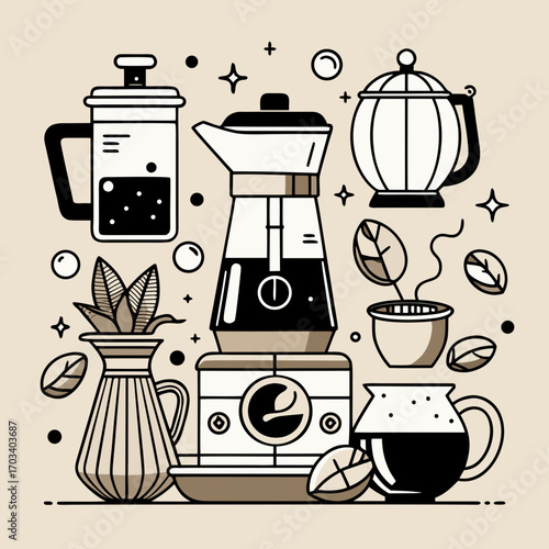 Elegant coffee brewing setup with various pots and beans illustration