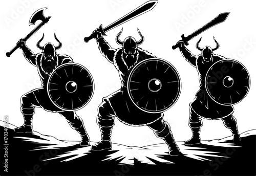 Viking Warrior Silhouettes in Battle Pose