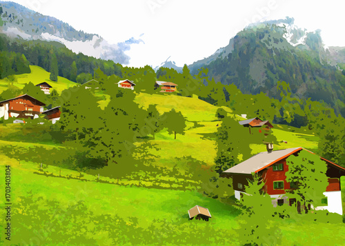 Charming swiss chalets nestled on a vibrant green mountain slope