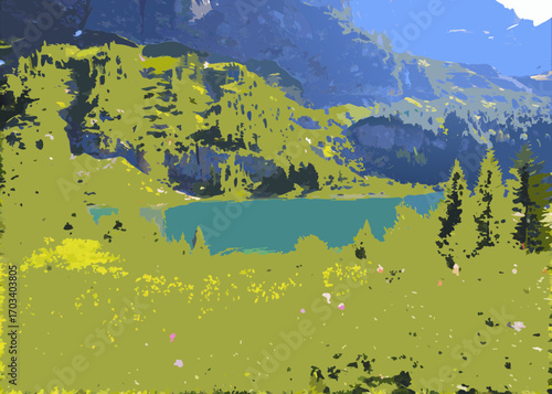 Serene alpine lake surrounded by green meadows and majestic mountains