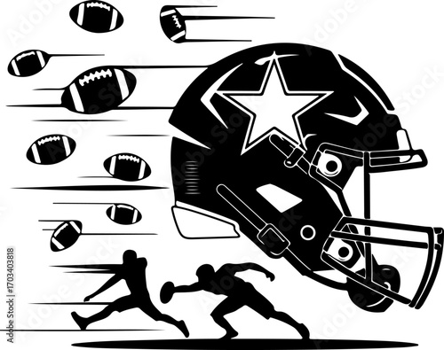 American Football Helmet, Ball, and Player Silhouettes