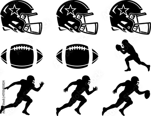 American Football Helmet, Ball, and Player Silhouettes