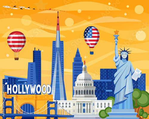 Iconic american landmarks and symbols in a stylized cityscape