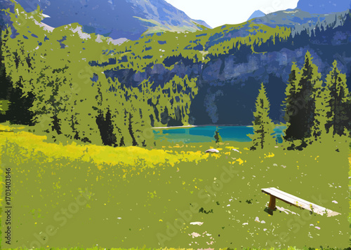 Tranquil alpine lake surrounded by lush greenery and majestic mountains