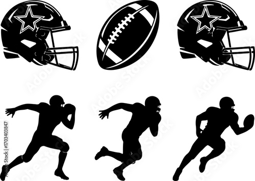 American Football Helmet, Ball, and Player Silhouettes