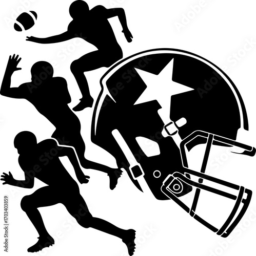 American Football Helmet, Ball, and Player Silhouettes