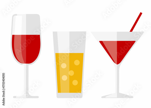 Three different drinks in glasses on a white background