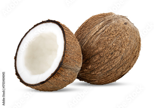 Whole and half coconut isolated on transparent png