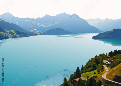 Serene mountain lake landscape with verdant hills and distant peaks