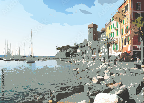 Coastal italian village harbor with sailboats and colorful buildings
