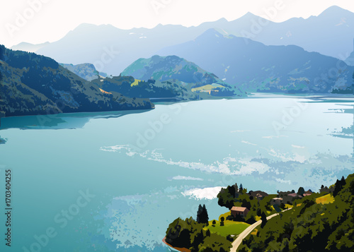 Serene mountain lake with a small village nestled on the shore