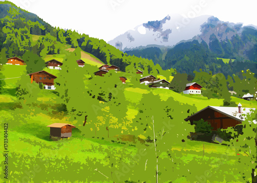 Idyllic swiss alps village nestled in lush green mountainside
