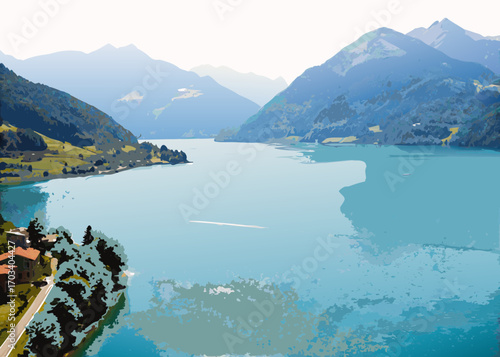 Serene mountain lake landscape with a distant boat and lakeside village