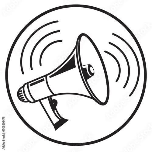 Vector art of a black and white drawing of a megaphone with sound waves emanating from it, enclosed in a circle