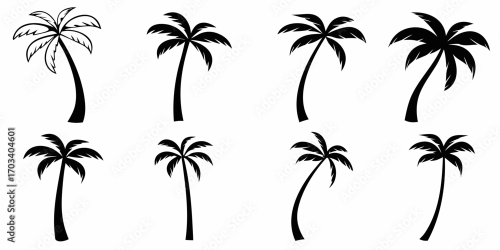 Fototapeta premium Collection of eight black palm tree silhouettes on a white background