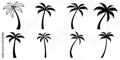 Collection of eight black palm tree silhouettes on a white background
