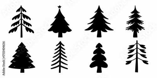 Collection of eight stylized black christmas tree silhouettes on a white background