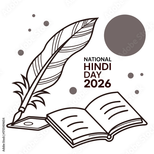 Vector art of black and white line art illustration of national hindi day 2026 featuring an open book, a quill pen, and decorative circles