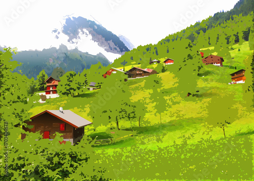 Charming alpine village nestled on a lush green mountain slope