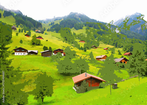 Picturesque swiss alps village with traditional wooden chalets nestled on green hillsides