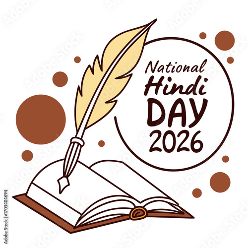 Illustration of a quill pen resting on an open book, commemorating national hindi day 2026 with brown circles, a celebration of language and literature