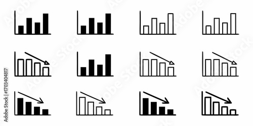 Collection of bar chart icons showing growth and decline