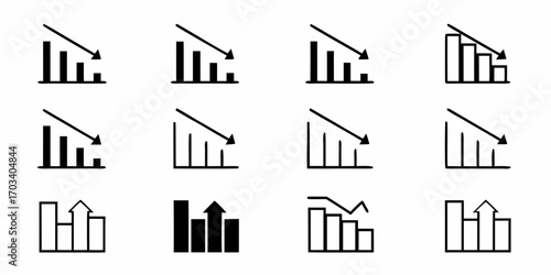 Collection of bar graph icons showing downward and upward trends