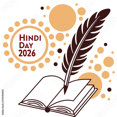 Vector art of illustration for hindi day 2026 featuring an open book with a quill pen resting on its pages, surrounded by decorative circles and the text hindi day 2026