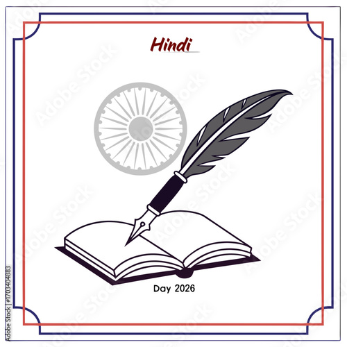 Vector art of illustration for hindi day 2026 featuring an open book with a quill pen resting on its pages, surrounded by decorative circles and the text hindi day 2026