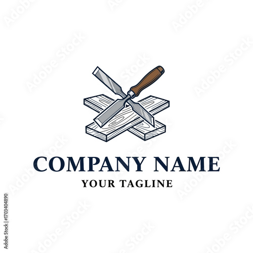 A logo featuring two crossed chisels resting on two wooden planks, with the text "COMPANY NAME" and "YOUR TAGLINE" below.