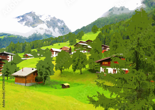 Picturesque alpine village nestled among green hills and mountains