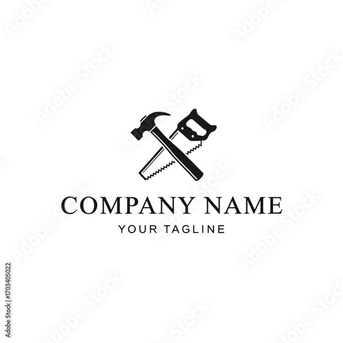 A classic black and white logo featuring a crossed hammer and handsaw, ideal for a carpentry, construction, or handyman business, with placeholder text.