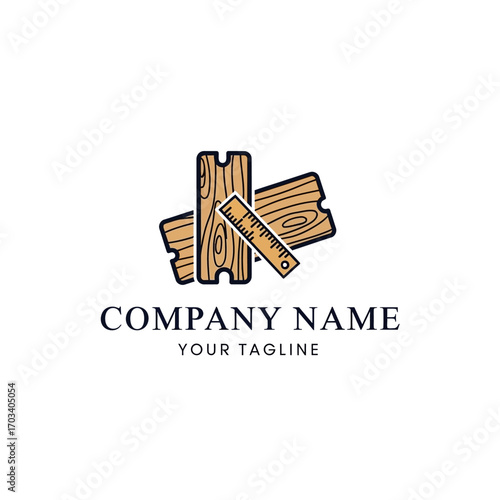 Logo design featuring two wooden planks and a ruler, symbolizing carpentry, woodworking, or construction business.