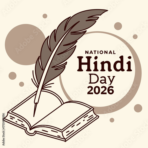 Vector art of illustration for national hindi day 2026, featuring a quill pen resting on an open book, symbolizing the importance of literature and writing in hindi culture