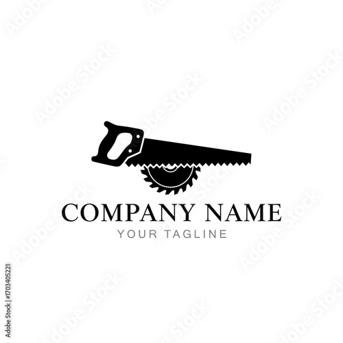 A black silhouette of a handsaw positioned above a circular saw blade, with the text "COMPANY NAME" and "YOUR TAGLINE" below.